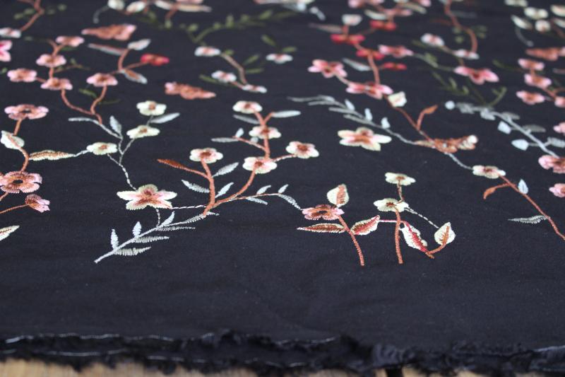 photo of vintage machine embroidered rayon fabric, silky thread floral pattern on black #5