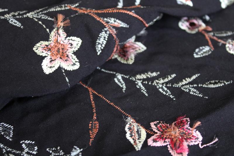 photo of vintage machine embroidered rayon fabric, silky thread floral pattern on black #6