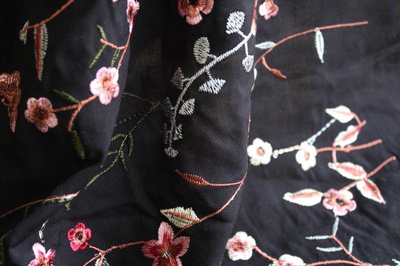 photo of vintage machine embroidered rayon fabric, silky thread floral pattern on black #7