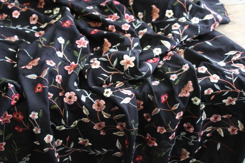 photo of vintage machine embroidered rayon fabric, silky thread floral pattern on black #8