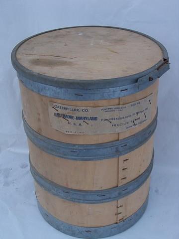 photo of vintage machine-age industrial wood storage barrel or parts bin #1