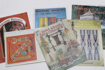 catalog photo of vintage macrame patterns instruction booklets, hippie retro bohemian home decor designs