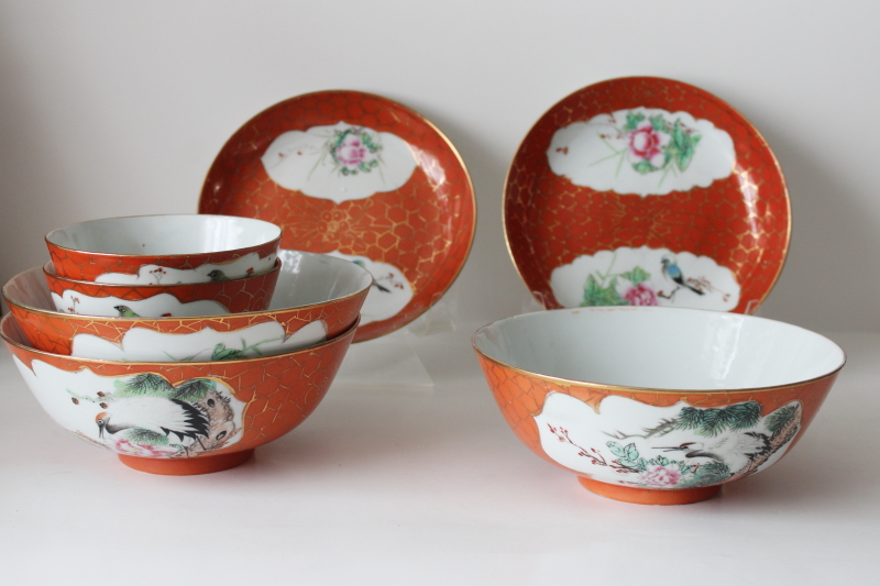 photo of vintage made in China porcelain bowls & plates w/ hand painted birds, orange w/ gold net border  #1