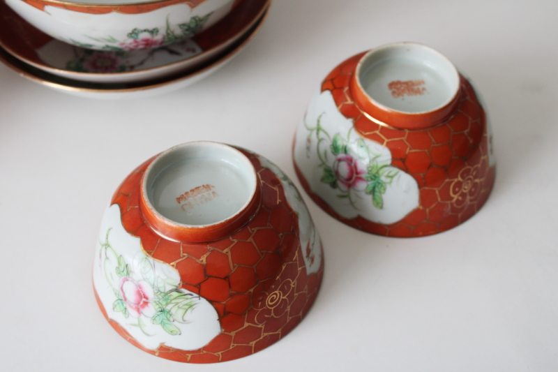 photo of vintage made in China porcelain bowls & plates w/ hand painted birds, orange w/ gold net border  #2