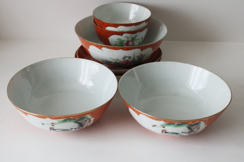 photo of vintage made in China porcelain bowls & plates w/ hand painted birds, orange w/ gold net border  #3