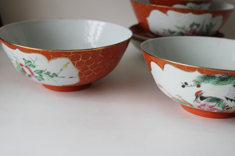 photo of vintage made in China porcelain bowls & plates w/ hand painted birds, orange w/ gold net border  #4