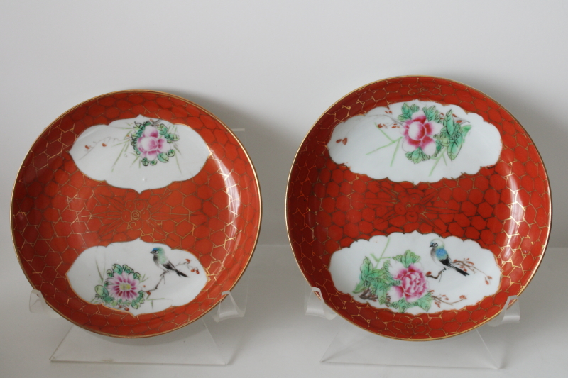 photo of vintage made in China porcelain bowls & plates w/ hand painted birds, orange w/ gold net border  #5