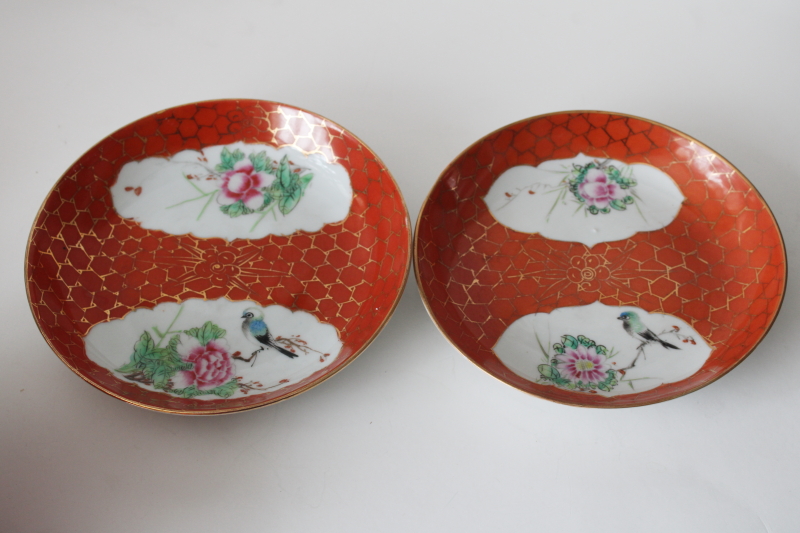 photo of vintage made in China porcelain bowls & plates w/ hand painted birds, orange w/ gold net border  #6