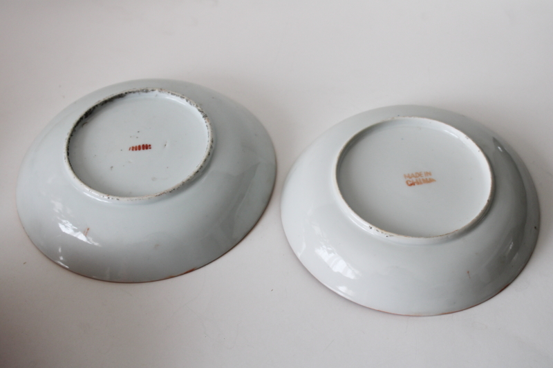 photo of vintage made in China porcelain bowls & plates w/ hand painted birds, orange w/ gold net border  #7