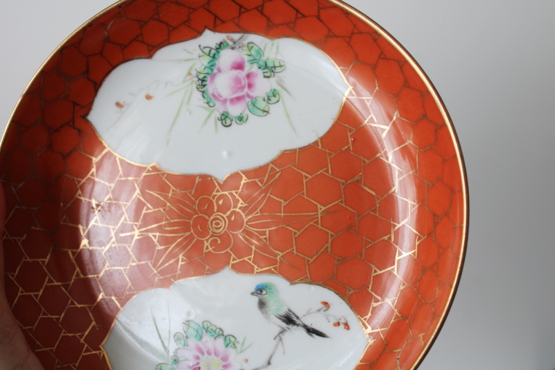 photo of vintage made in China porcelain bowls & plates w/ hand painted birds, orange w/ gold net border  #8