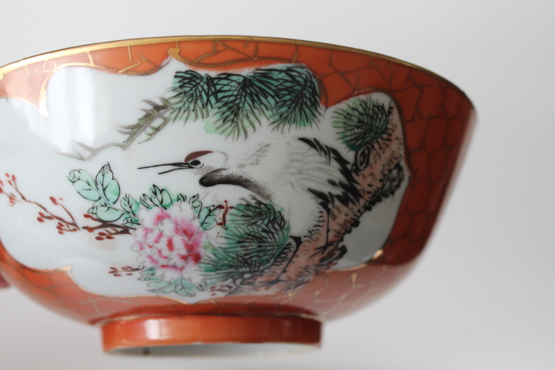 photo of vintage made in China porcelain bowls & plates w/ hand painted birds, orange w/ gold net border  #9