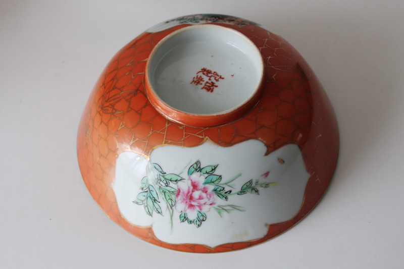 photo of vintage made in China porcelain bowls & plates w/ hand painted birds, orange w/ gold net border  #10