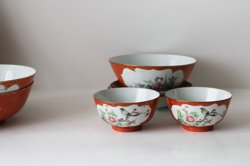 photo of vintage made in China porcelain bowls & plates w/ hand painted birds, orange w/ gold net border  #11