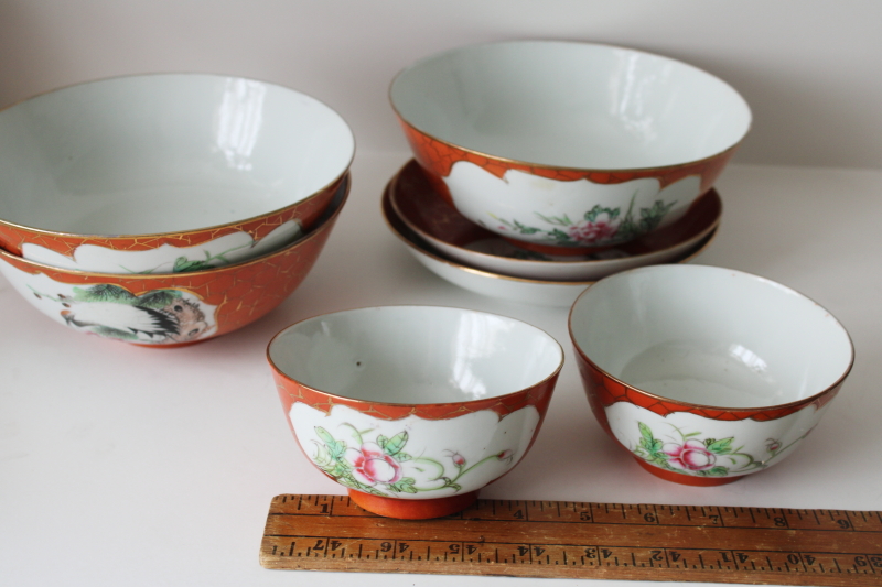 photo of vintage made in China porcelain bowls & plates w/ hand painted birds, orange w/ gold net border  #12