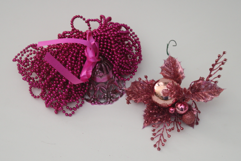 photo of vintage magenta pink Christmas decorations, glitter corsage pick, plastic bead garland, bell #1