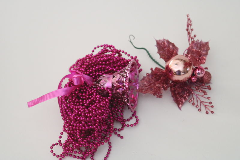 photo of vintage magenta pink Christmas decorations, glitter corsage pick, plastic bead garland, bell #2