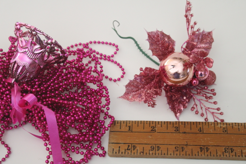 photo of vintage magenta pink Christmas decorations, glitter corsage pick, plastic bead garland, bell #4