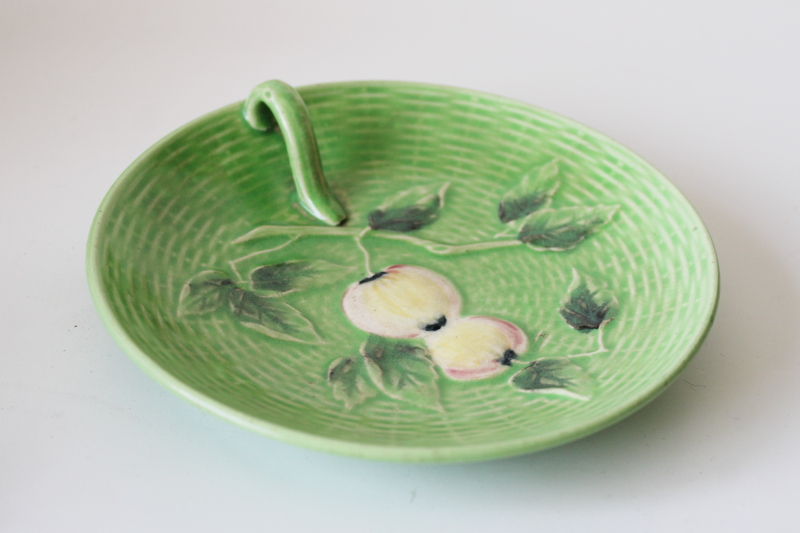 photo of vintage majolica pottery plate w/ tiny handle, hand painted Japan trinket dish or lemon server  #1