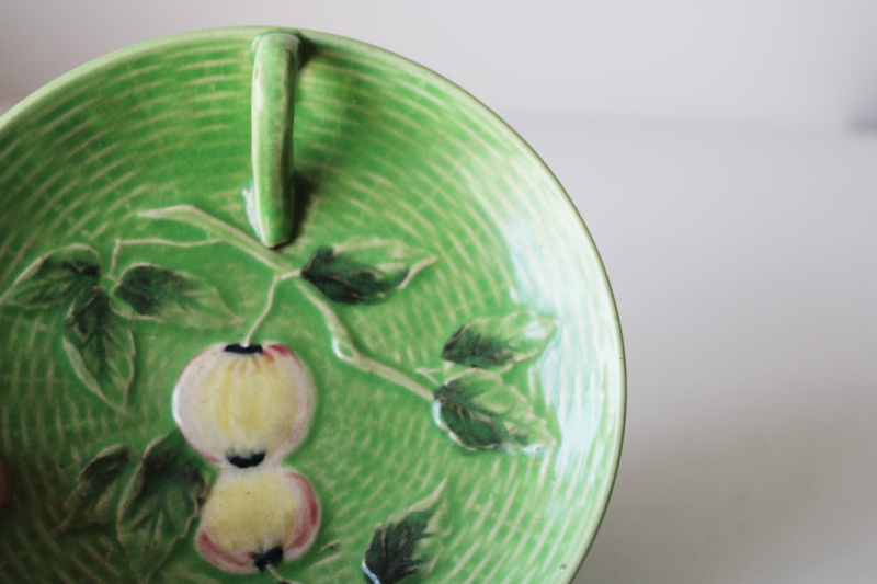 photo of vintage majolica pottery plate w/ tiny handle, hand painted Japan trinket dish or lemon server #2