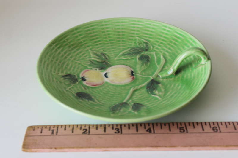 photo of vintage majolica pottery plate w/ tiny handle, hand painted Japan trinket dish or lemon server #4