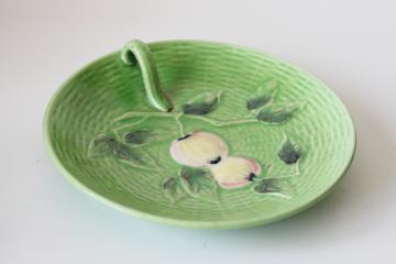 catalog photo of vintage majolica pottery plate w/ tiny handle, hand painted Japan trinket dish or lemon server 