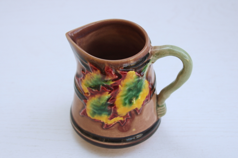 photo of vintage majolica style autumn leaves creamer pitcher, Portugal pottery Williams Sonoma paper label #1