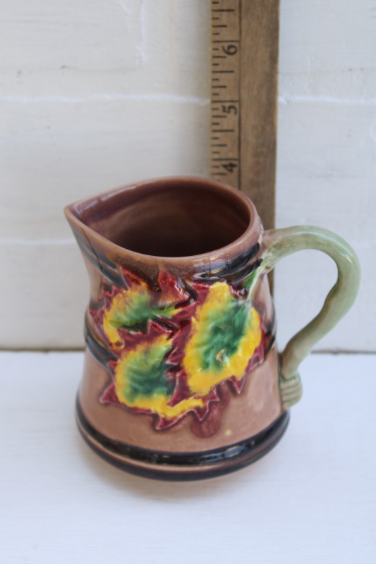 photo of vintage majolica style autumn leaves creamer pitcher, Portugal pottery Williams Sonoma paper label #4