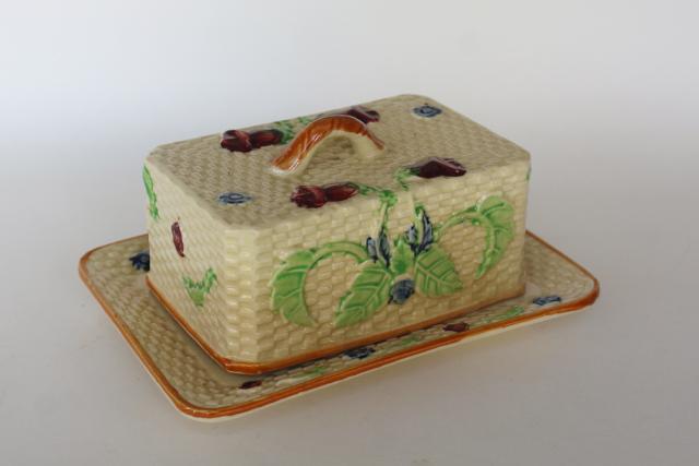 photo of vintage majolica style covered butter dish, ceramic basket weave w/ flowers hand painted Japan #1