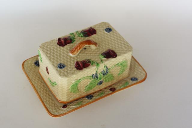 photo of vintage majolica style covered butter dish, ceramic basket weave w/ flowers hand painted Japan #2