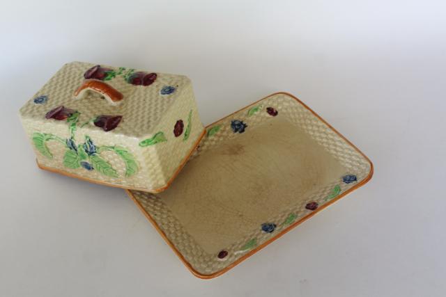 photo of vintage majolica style covered butter dish, ceramic basket weave w/ flowers hand painted Japan #3