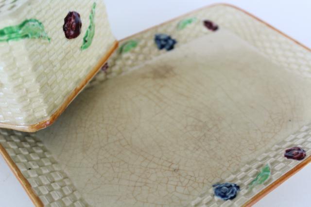 photo of vintage majolica style covered butter dish, ceramic basket weave w/ flowers hand painted Japan #4