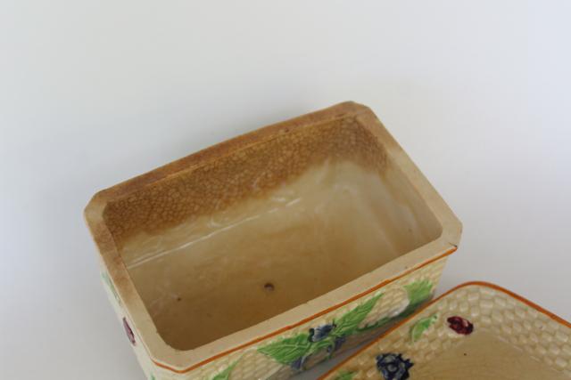 photo of vintage majolica style covered butter dish, ceramic basket weave w/ flowers hand painted Japan #5