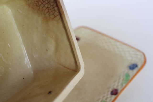 photo of vintage majolica style covered butter dish, ceramic basket weave w/ flowers hand painted Japan #6