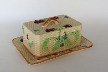 catalog photo of vintage majolica style covered butter dish, ceramic basket weave w/ flowers hand painted Japan