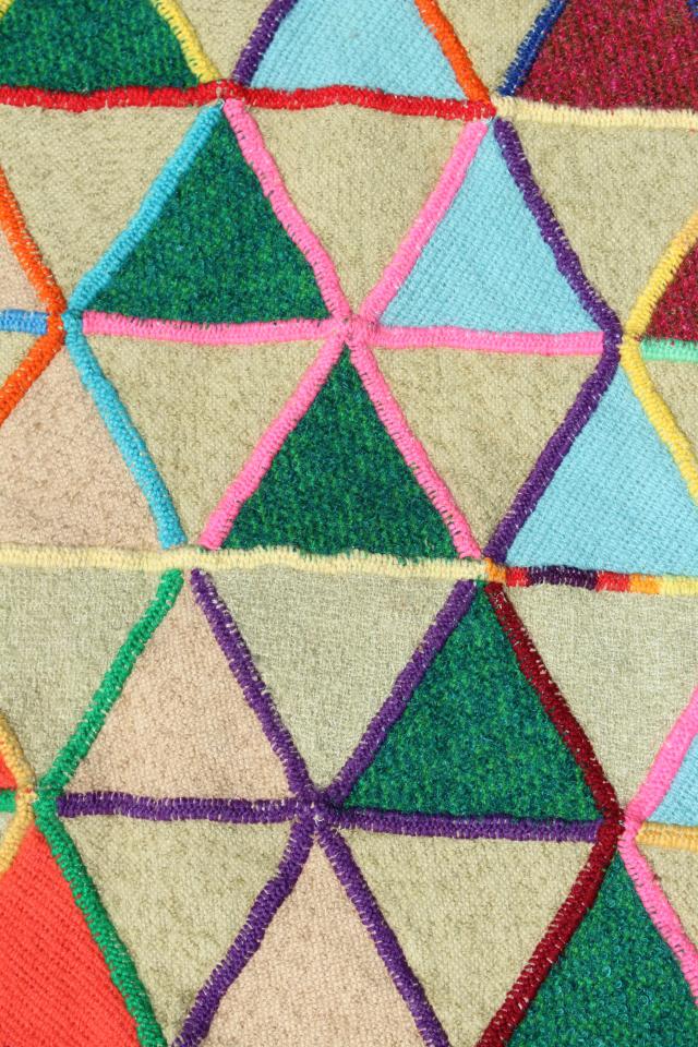 photo of vintage make do wool blanket bedspread, yarn hand stitching patchwork triangle block wheels #6