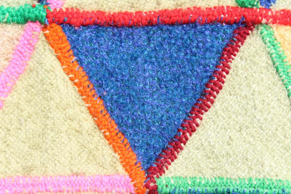photo of vintage make do wool blanket bedspread, yarn hand stitching patchwork triangle block wheels #8