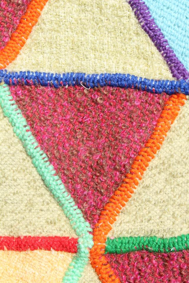 photo of vintage make do wool blanket bedspread, yarn hand stitching patchwork triangle block wheels #9