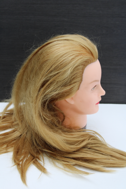 photo of vintage mannequin plastic head model life size with long hair, green eyed strawberry blonde redhead #4