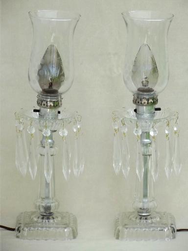photo of vintage mantle lamps w/ crystal prisms, vintage pressed glass mantel lamp pair #1