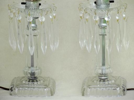 photo of vintage mantle lamps w/ crystal prisms, vintage pressed glass mantel lamp pair #2