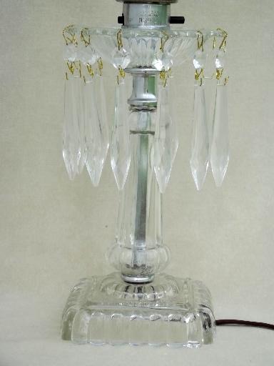 photo of vintage mantle lamps w/ crystal prisms, vintage pressed glass mantel lamp pair #3
