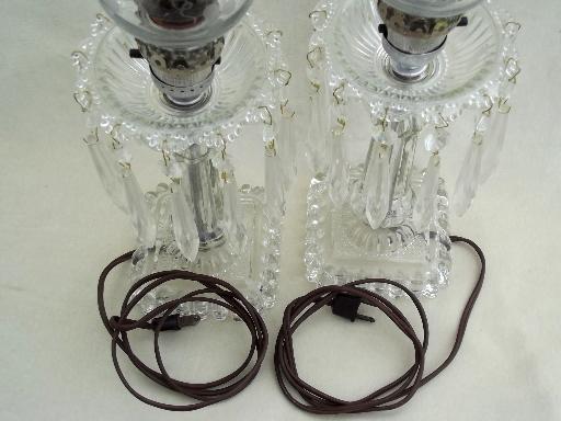 photo of vintage mantle lamps w/ crystal prisms, vintage pressed glass mantel lamp pair #5