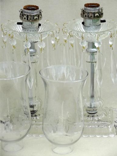 photo of vintage mantle lamps w/ crystal prisms, vintage pressed glass mantel lamp pair #9