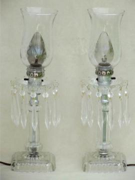 catalog photo of vintage mantle lamps w/ crystal prisms, vintage pressed glass mantel lamp pair