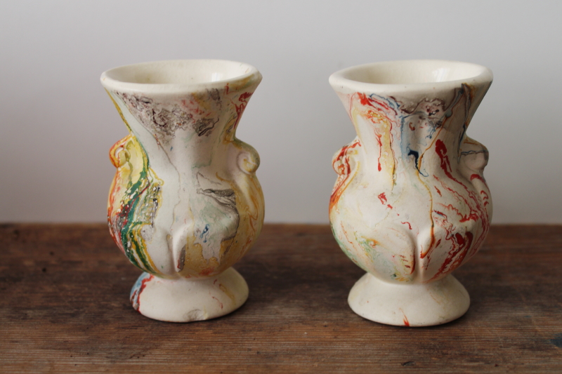 photo of vintage marbled clay pottery vases or match holders, end of day hand painted folk art swirled colors  #2