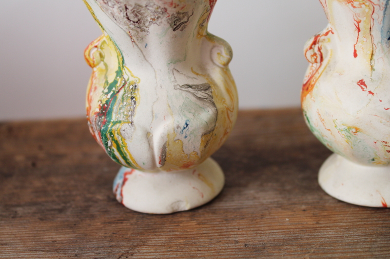 photo of vintage marbled clay pottery vases or match holders, end of day hand painted folk art swirled colors  #3