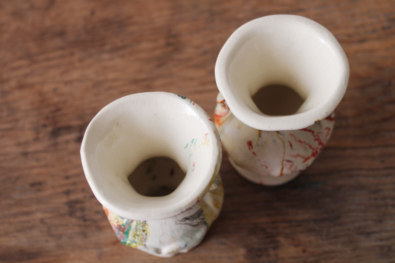 photo of vintage marbled clay pottery vases or match holders, end of day hand painted folk art swirled colors  #4