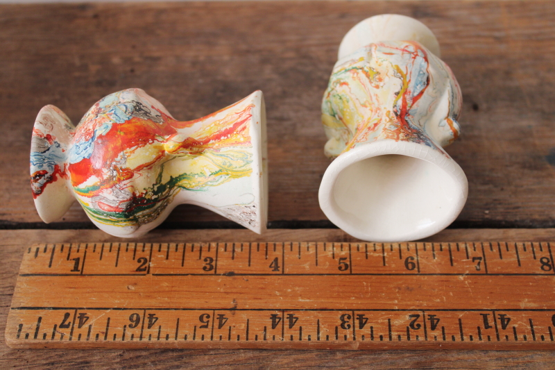 photo of vintage marbled clay pottery vases or match holders, end of day hand painted folk art swirled colors  #5