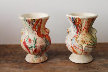 catalog photo of vintage marbled clay pottery vases or match holders, end of day hand painted folk art swirled colors 