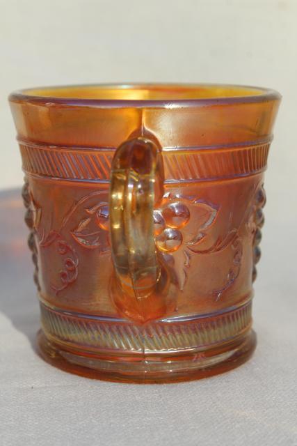 photo of vintage marigold carnival glass, Dugan grapes pattern mug or child's cup #2